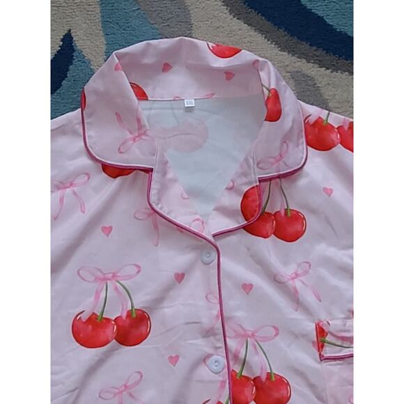 $NWOT Women's pink Cherry Bow PJ set button up shirt w/shorts. Barbiecore, XXL - Picture 5 of 9